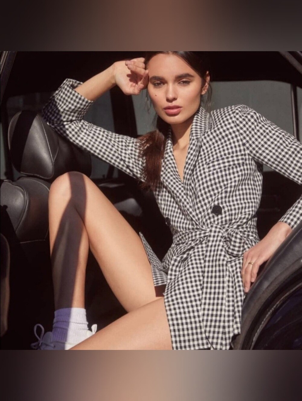 Reformation Gingham Black and White Check Belted Double-Breasted Blazer S
